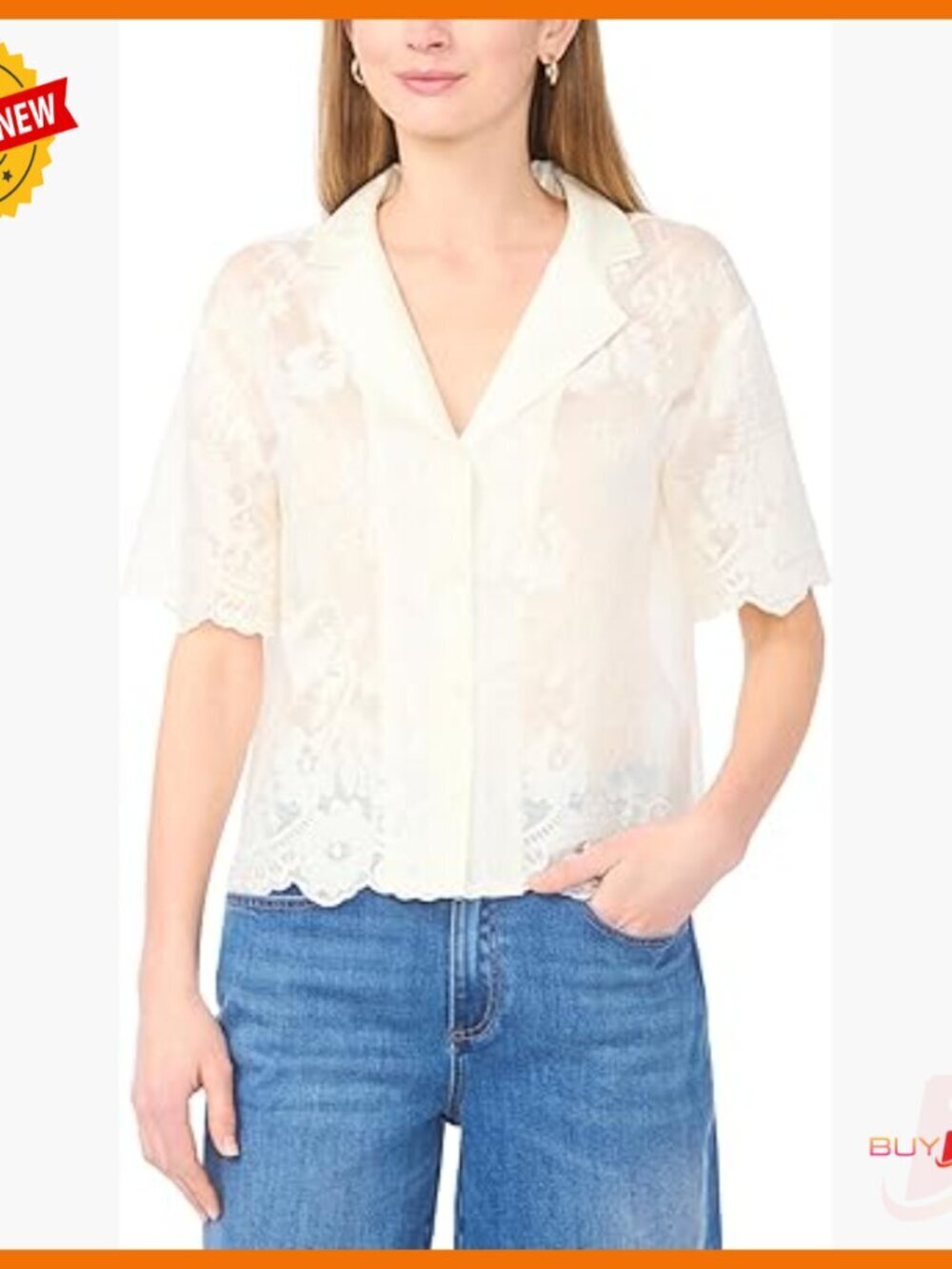 Embroidered Tencel Button Down Shirt Short Sleeve Blouse